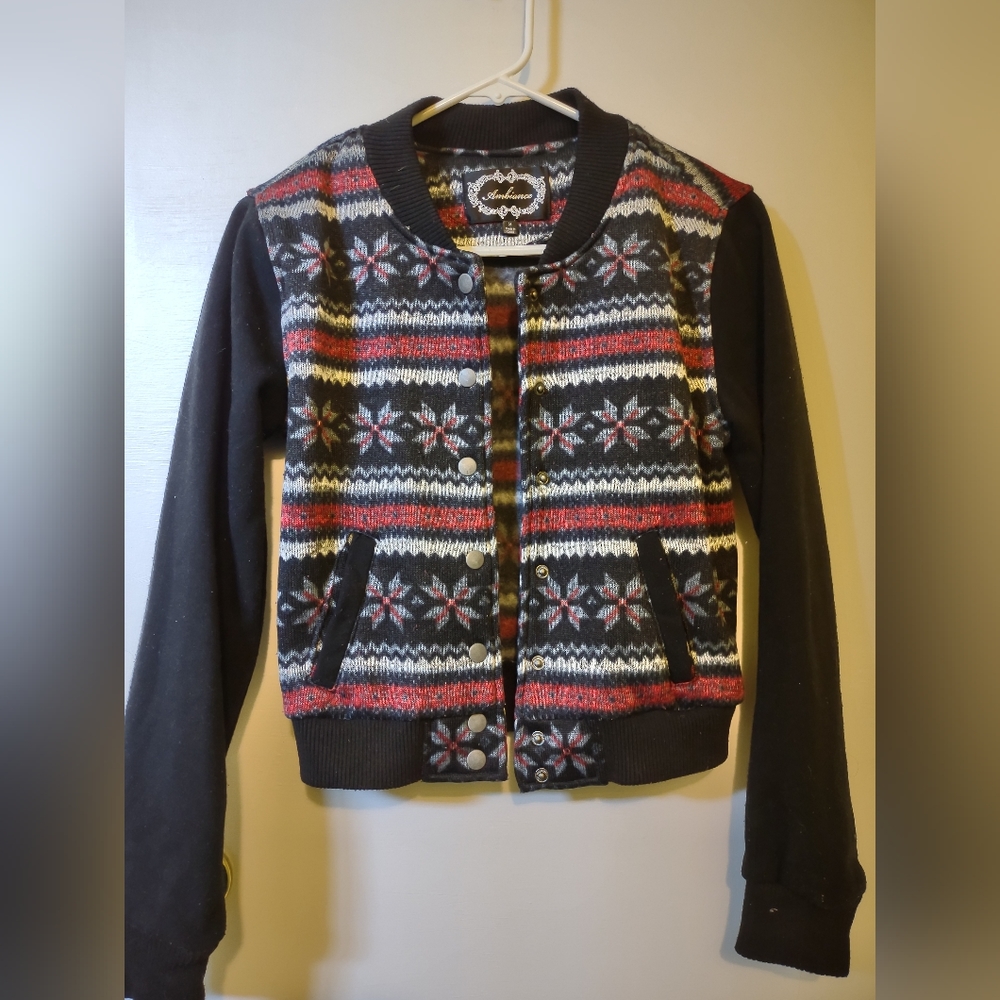 Ambiance Winter Warm Floral Pattern Black Red Polyester Bomber Jacket S Junior